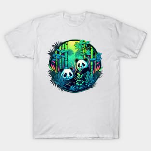 Neon Pandas Sitting in Bamboo Forest Neon T-Shirt